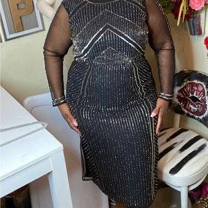 Navy Blue sequin cocktail dress with sheer cutouts